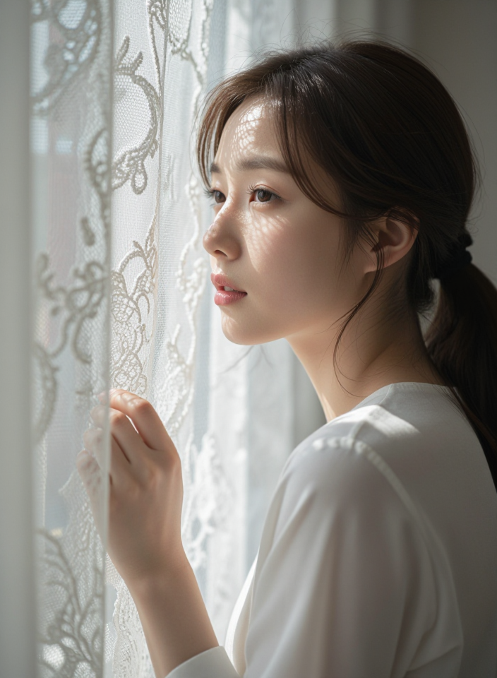레이스 커튼 사이로
